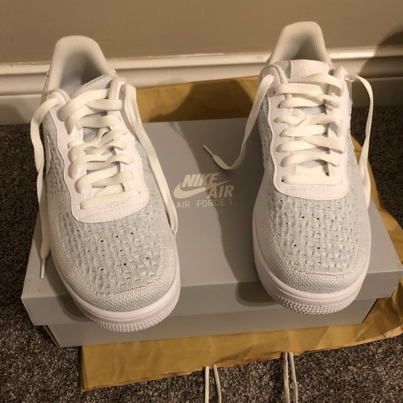 Air Force 1 Flyknit Nike Shoes - White N Grey/Blue - Picture 1 of 8
